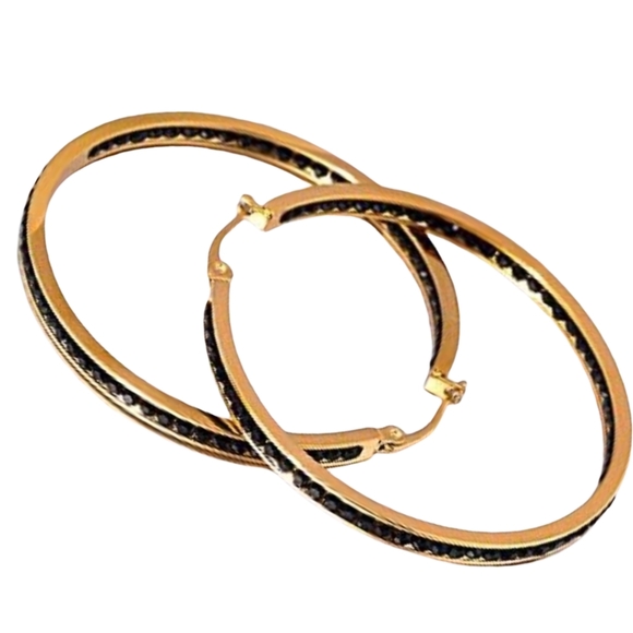 Big Gold and Black Rhinestone Hoop Earrings Sparkle CZ Crystal Channel Hoops - Picture 3 of 11